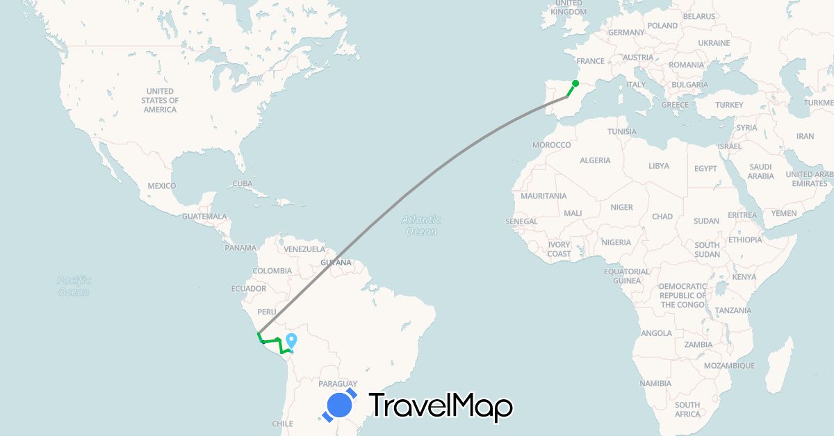 TravelMap itinerary: driving, bus, plane, hiking, boat in Bolivia, Spain, Peru (Europe, South America)